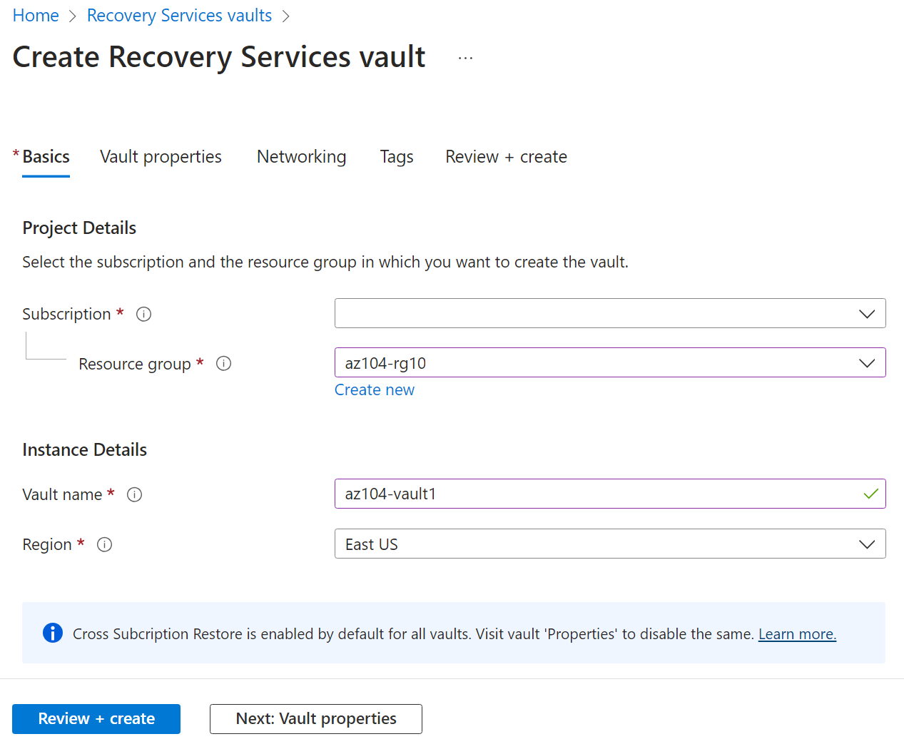 Screenshot of the recovery services vault.