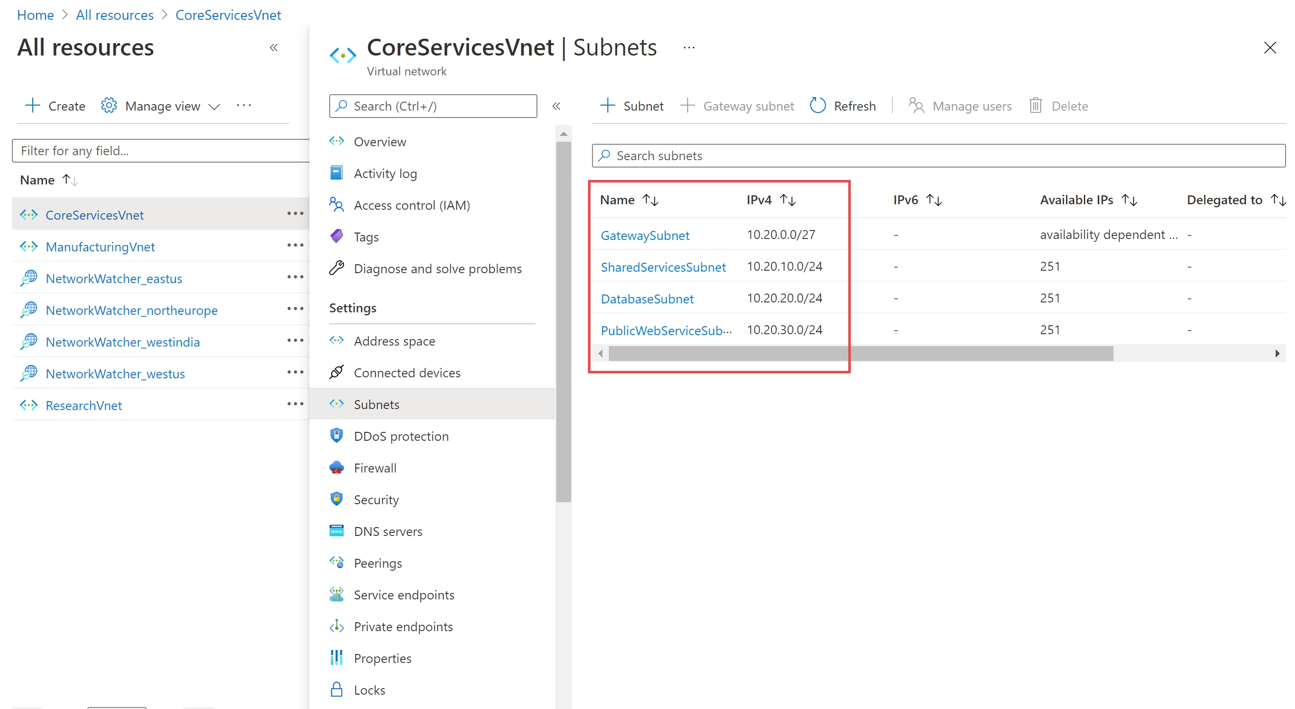List of subnets in CoreServicesVnet.