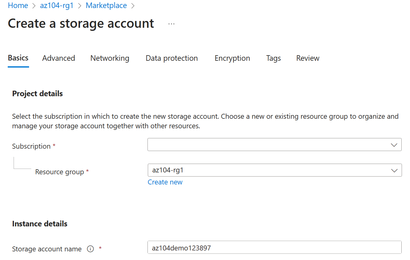 Screenshot of the create storage page.