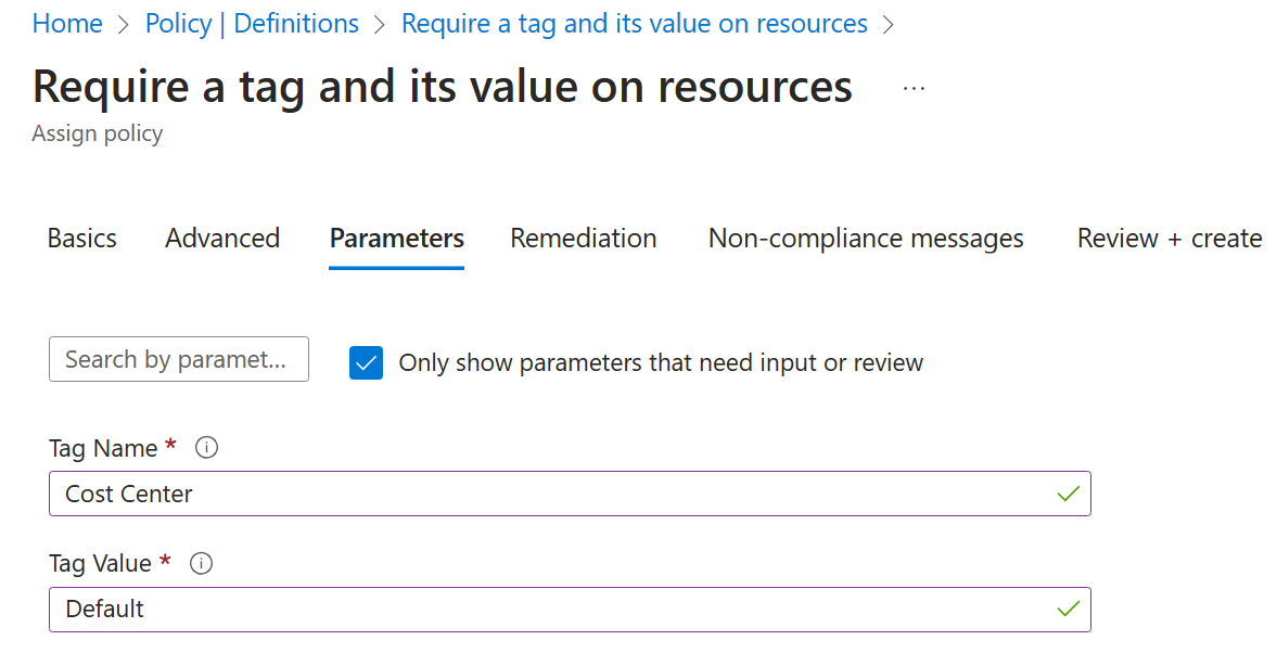 Screenshot of the policy parameters.
