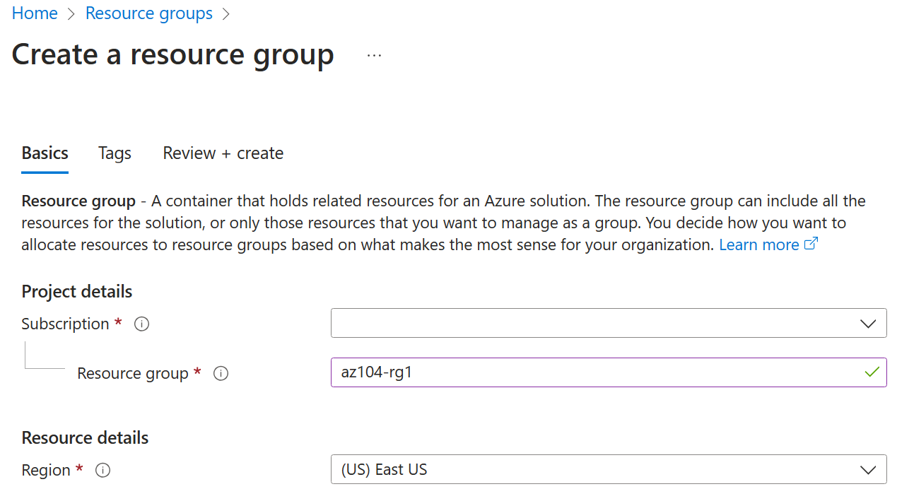 Screenshot of the create resource gr