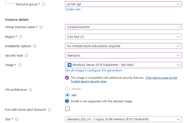 Screenshot of Basic virtual machine creation page.