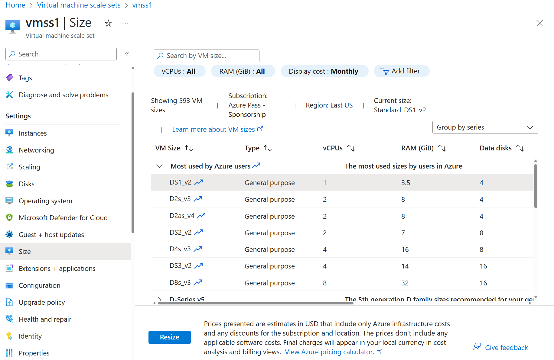 Screenshot of the vmss resize.