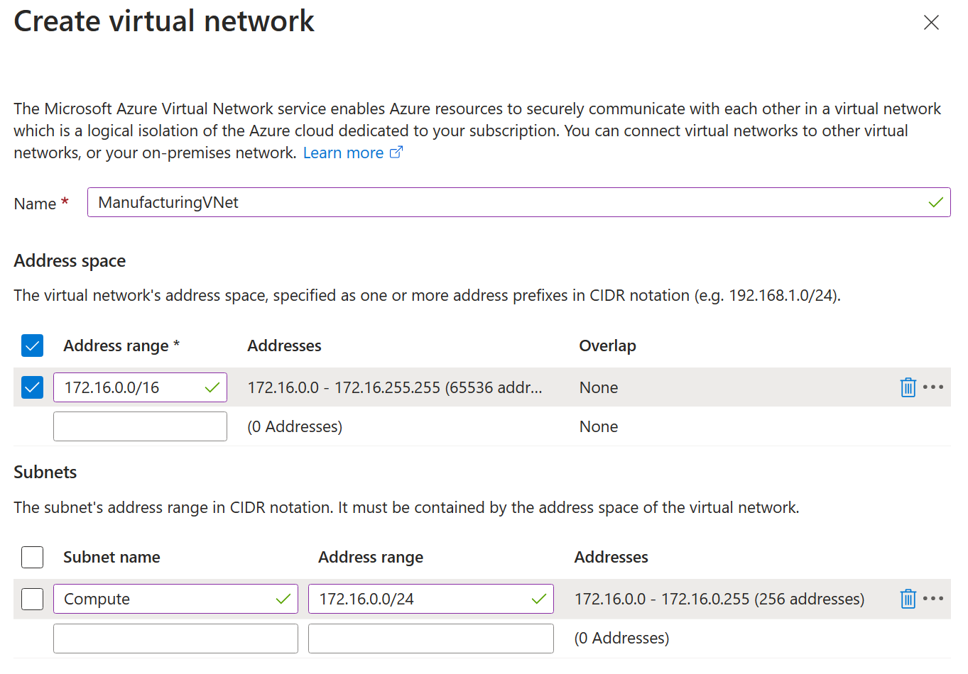 Screenshot of virtual network page.