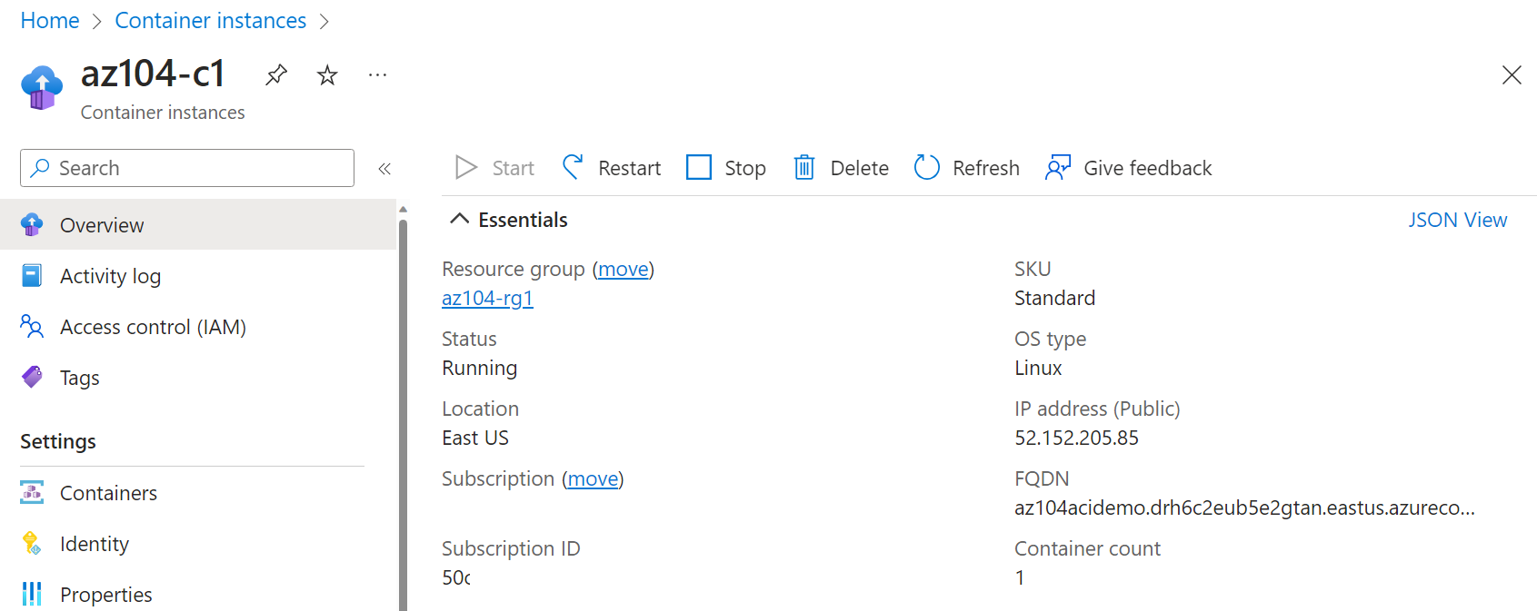 Screenshot of the ACI overview page in the portal.