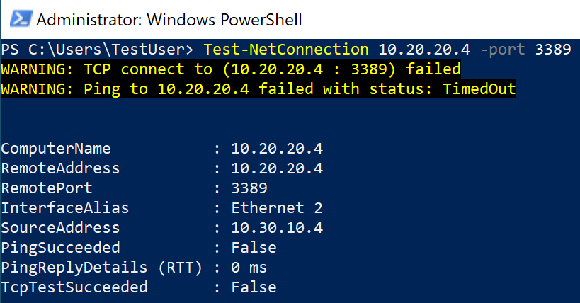 PowerShell window with Test-NetConnection failed.